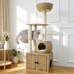 Pawlabay 56.7" Tall Rattan Cat Tree for Indoor Cats, Multi-Level Wooden Cat Tower with Scratching Posts, Large Cat Climbing Furniture with Perches