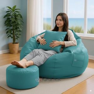Bean Bag Chair with Footrest & Cushion with Beans Filled | 4XL Faux Leather Bean Bag Sofa for Adults & Kids | Pocket Design, Easy to Carry, Double Stitching - (Aqua, with Stool)