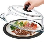 Glass Microwave Splatter Cover for Food with Microwave Place Mat - Sturdy Splatter Guard Lid with Vent Holes and Easy-Grip Silicone Handle - BPA Free, Dishwasher Safe (Black)