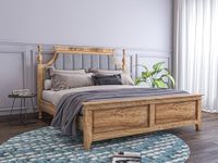 Sheeshamwallah Wooden Double Bed Without Storage | Low Height Cot with Grey Upholstered Cushion Headboard | Solid Wood Sheesham, Teak Finish | Mattress Size: 78 X 48