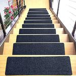 Seteol 8''x30'' (Pack of 15) Stair Treads Carpet Non-Slip, Indoor Stair Runners for Wooden Steps, Safe Mats Stair Rugs for Kids Elders and Pets with Reusable Self Adhesive, Stripe Black