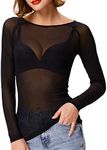 Boat Neck Fishnet Tops Sexy Long Sleeve Sheer Shirt for Ladies (XL,Black)