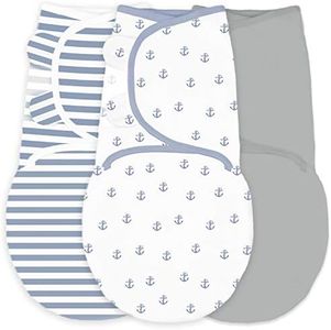 Amazing Baby Swaddle Blanket with Adjustable Wrap, Set of 3, Tiny Anchors, Stripes and Solid, Denim and Gray, Small