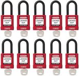 ABUS Red Pack of 10 Lockout Tagout Premium Solid Body Safety Padlock Set - OSHA Compliant Loto Locks Insulated Against Electric Shock, Keyed Different, 1 Key Per Lock