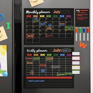 Magnetic Fridge Calendar Dry Erase - Weekly Magnetic Calendar for Refrigerator - Weekly Planner Fridge, Erasers, Markers & Note Pads (Black)