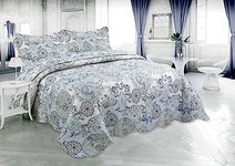 Marina Decoration Rich Printed Stitching Coverlet Bedspread Ultra Soft 3 Piece Summer Quilt Set with 2 Quilted Shams, Blue Branch Damask Mandala Floral Pattern Queen/Full Size