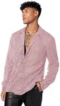 WDIRARA Men's Sheer Mesh See Through Glitter Button Front Long Sleeve Shirt Tops Pink Solid XXXL