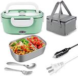 Electric Lunch Box Food Heater, 2 in 1 Portable Food Warmer Heater 60W, for Car and Home 220V & 12V~24V, 1.5L Stainless Steel Food Container with Compartments, Placemat Fork & Spoon and Carry Bag