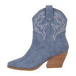 KAYDAY ~MORLEY~ Women's Cowgirl Cowboy Western Stitched Ankle Boots Pointed Toe Short Booties, Denim Blue, 8 UK