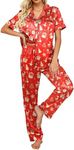 Ekouaer Christmas Silk Pajamas Set Satin Button Down Pajamas Classic Soft Pjs Set Red Christmas Tree, Pat2, X-Large