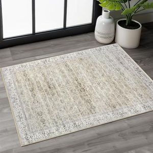 Siiloom 2x3 Beige Washable Rug Soft Area Rug for Entryway, Non-Slip Indoor Door Mat Distressed Floral Low-Pile Kitchen Rugs, Neutral Vintage Carpet for Entrance Kitchen Bedside Farmhouse