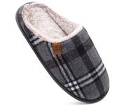 COFACE Mens Grey Flano Plaid Cozy Memory Foam scuff Slippers Slip On Warm House Shoes Indoor/Outdoor With Best Arch Surpport Size 11