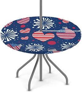 Round Outdoor Tablecloth with Umbrella Hole,Patio Table Cover Fitted Tablecloth Waterproof Umbrella Table Cover for Party Picnic (American 4th of July, Fit for 45"-56" Round Tables)
