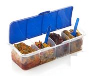 Bimex Multipurpose Plastic 4 In 1 Masala Box for Kitchen, Transparent Pickel Box, 4 Compartment Storage Container Airtight For Cereal, Dry Fruits Dabba1800 Ml with 4 Spoons (Pack of1)(Multicolor)