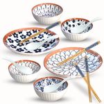 YELONA Japanese Ramen Porcelain Dinner Set with 4 Soup Bowls | 4 Soup Spoons | 4 Chopsticks | 2 Plates | Microwave Safe for Lunch, Dinner, Festive Gifts (14 pcs)