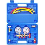 JIFETOR 3 Way AC Manifold Gauge Set, HVAC Diagnostic Freon Charging Tool for Auto Household R12 R22 R404A R134A Refrigerant, Quick Couplers Acme Adapter Valve Core Tool (3FT Hose, Can Tap, Blue Case)