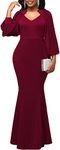 HugeNice Colorful Maxi Dresses for Women Sexy Long Sleeve Deep V Neck Bodycon Floor Length Dress, 538burgundy, S