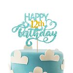 Sky Blue Glitter Happy 12th Birthday Cake Topper, Twelve Years Old Birthday Party Cake Decor, Gold Number 12 Birthday Party Supplies Decorations for Teen Boy or Girl