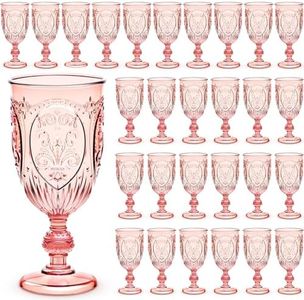 Wiwiqing 48 Pcs Plastic Goblets 7.5oz Vintage Goblet Plastic Wine Glasses Colored Retro Embossed Water Goblets for Wine Bar Juice Baby Shower Wedding Reception Grand Event Party (Pink)