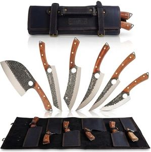 6 Piece Butcher Knife Set Leather Roll Father’s Day Gift For Dad Serbian Chef Viking Cleaver Boning Scimitar Kiritsuke Knives Hammered Pattern Forged Steel Meat Cutting Knives Kitchen Knife BBQ Prep