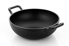 ROSTON Cast Iron Kadai Pre Seasoned Kadhai Wok 26 cm Cast Iron Cookware Deep Kadai, Iron Deep Kadai, Black