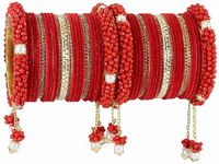 LAVAZZA Premium Golden Latkan Bridal Chuda Set For Women & Girls with Pearls & Zircon Stone | Women's Bangles | Bridal Bangles | Fashion Jewellery Women | Red bangles For women-(Chuda10-Red-2.6)
