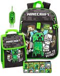 Minecraft Backpack & Lunch Box Kids | 5 Piece Creeper Steve Zombie School Rucksack, Lunch Bag, Pencil Case, Keyring & Dispenser | Gamer Merchandise