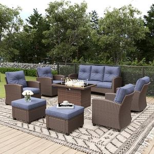 Aeeiua 8 Pieces Patio Furniture Set with Fire Pit Table, Outdoor Wicker Rattan Swivel Chair Sets Thick Cushion All Weather for Deck Outside and Poolside