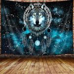 Trippy Wolf Moon Phase Dreamcatcher Tapestry, Cool Animal Aesthetic Galaxy Dream Catcher Tapestry Wall Hanging for Men Bedroom, Boho Space Tapestries Poster Blanket College Dorm Home Decor (60X40")