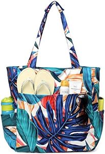 Kasgo Beach Bag, Water Resistant Sandproof Large Zipper Beach Tote Foldable Women's Summer Swim Bag Shoulder Pool Bags for Travel, Shopping, Picnic, Gym, Camping, Palm Leaf