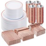 BESTVIP 600PCS Plastic Dinnerware Set (100 Guests), Rose Gold Disposable Plates for Party, Wedding, Anniversary, Includes: Dinner Plates, Dessert Plates, Cups, Spoons, Forks and Knives