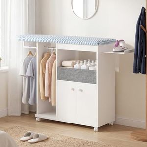 Advwin Ironing Board with Wheels, Compact Ironing Cart with Storage Cabinet & Fabric Drawer, Rolling Ironing Station with Iron Rack & Hanger Rod, Movable Craft Table for Bedroom Laundry Room, White