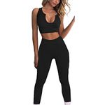 Seamless Yoga Workout Set 2 Piece for Women Ribbed Exercise Outfits Sports Bra High Waist leggings Gym Clothes (Black, S)