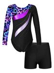 CHICTRY Kids Girls Long Sleeve Gymnastics Leotard Workout Bodysuit with Shorts 2 Pieces Set Tracksuit Tumbling Dance Outfits Starry Black 7-8 Years