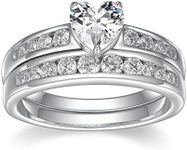 Platinum Plated Sterling Silver Cubic Zirconia Heart-Shaped and Round Bridal Ring Set, Size 8