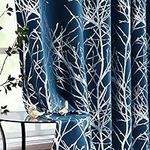 Fmfunctex Metallic Tree Curtains for Bedroom 54" Foil Silver Print Blue Blackout Window Drapes Triple Weave Thermal Insulated Curtain Panels for Nursery Room Grommet Top, Navy 2 Panels