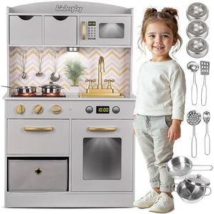 Kinderküche Holz mit Licht & Geräuschen | Spielküche Holz für Kinder im Alter von 3-6 Jahren | Zubehör aus Edelstahl | Kinder Küche Höhenverstellbar von 92-107 cm | Geschenk für Mädchen | GS0059-1