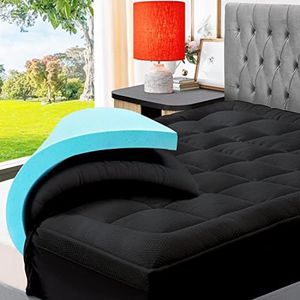 ELEMUSE Dual Layer 3 Inch Memory Foam Mattress Topper King, 2 Inch Cooling Gel Memory Foam Plus 1 Inch Pillow Top Cover, Rayon Made from Bamboo Fabric, Comfort Support Back Pain Relief, Black