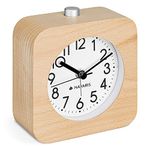 Navaris Analogue Wood Alarm Clock - Square Retro Table Clock Design with Snooze, Alarm, Backlight Functions - Light Brown Wood, White Face