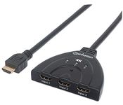 Manhattan Products 4K@60Hz 3-Port HDMI Switch, USB Powered, Integrated Cable, Easily Switch Between 2 HDMI Sources – Great for Game Systems – Automatic or Manual Switching - Black