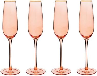 Vikko Champagne Flutes, 8.5 Ounce Toasting Champagne Flute, Coral with Gold Rim Crystal Clear Champagne Glasses, Set of 4 Elegant Sparkling Wine Glasses