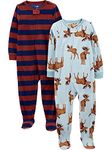 Simple Joys by Carter's Boys' Holiday Loose-Fit Flame Resistant Fleece Footed Pajamas Baby and Toddler Sleepers, Burgundy Stripes/Light Blue Moose, 5 Years (Pack of 2)