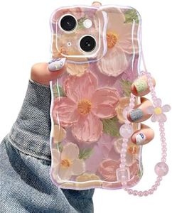 Jusy Oil Painting Flower Compatible with iPhone 15 Case, with Bracelet Chain, Colorful Retro Floral Cute Curly Wave Frame Women Girls-Pink