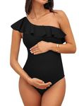 CUPSHE Women's One Piece Swimsuit Maternity Swimming Costume Ruffled Removable Strap Pregnancy Swimwear Black M