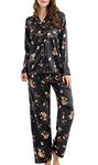 Women's Pyjama Set Satin Long Sleepwear Nightwear Loungewear (Black Flowers, X-Large)