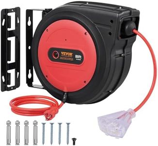 VEVOR 80FT Retractable Extension Cord Reel, 12AWG/3C SJTOW Heavy Duty Power Cord w/Lighted Electrical Triple Tap Outlets, 15A Circuit Breaker,180° Swivel Bracket for Workshop or Garage, Red