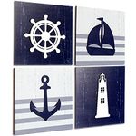 4 Pieces Nautical Wall Decor Anchor Ship Wheel Sailboat Lighthouse Wooden sign Rustic Beach 3D Wood Sign Beach Bathroom Wooden Plaque Decor Ocean Coastal Theme Decorations for Ocean Bathroom Nursery