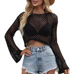 Women Y2K Hollow Out Crochet Crop Top Long Sleeve See Through Fishnet Smock Tee Shirt Beach Cover Up Knitwear Pullover (Crochet Knit Top-Black, S)