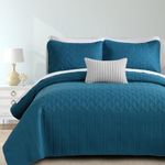 Yiran Teal Blue Quilt Set Twin Size Lightweight Bedspread Ultrasonic Wave Pattern Soft Microfiber Coverlet for All Season Modern Style 2 Piece Bed Cover Sets with 1 Pillow Sham (68"x90")