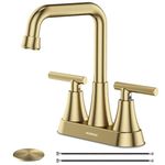 Bathroom Sink Faucet, Hurran 4 inch Brushed Gold Bathroom Faucets for Sink 3 Hole with Pop-up Drain and Supply Hoses, 360 Swivel Spout 2-Handle Centerset Faucet for Bathroom Sink Vanity RV Farmhouse